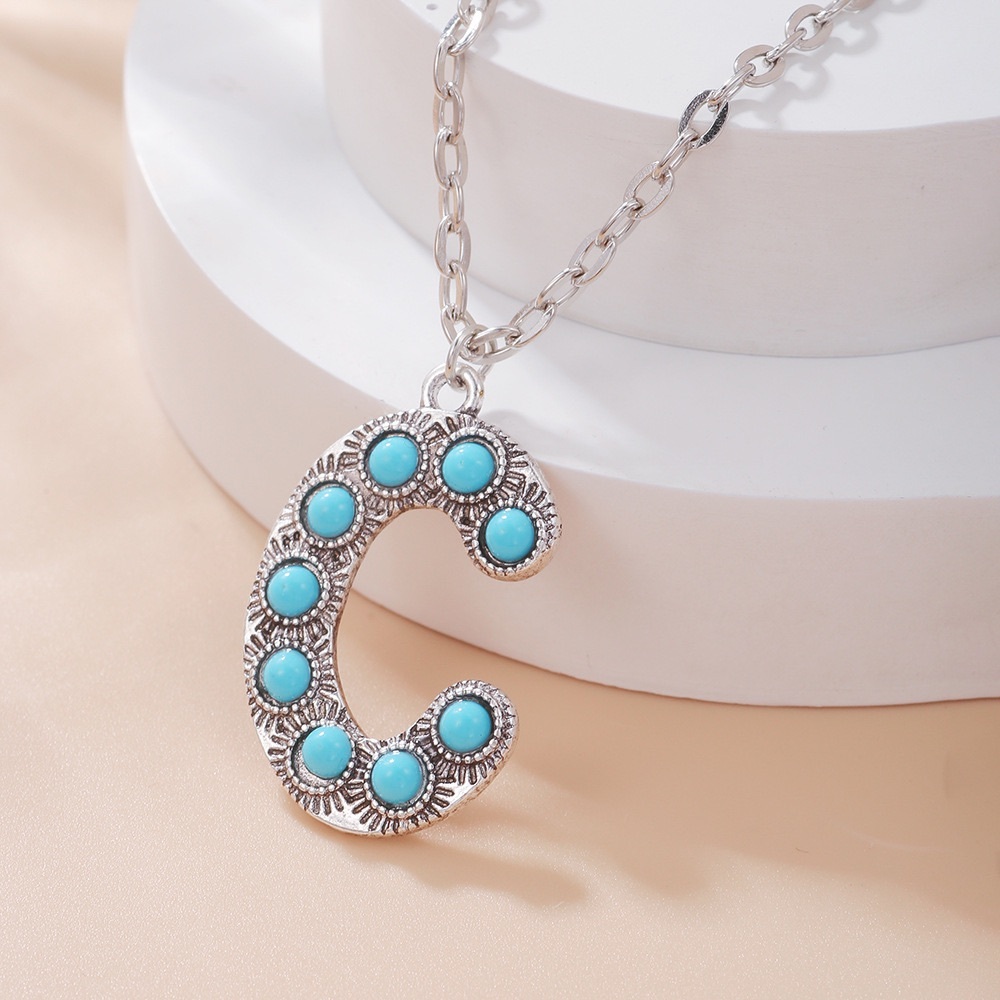 Alphabet Letter Name Initial Western Turquoise Faux Stone Silver Boho Necklace - Picture 6 of 11
